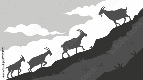 Silhouette Of Goats Climbing Steep Mountain Slope Progress Challenge And Leadership For Business Growth And Success