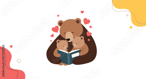Sweet mother brown bear reading a book to her two little cubs surrounded by red hearts to represent family love and childhood education themes.