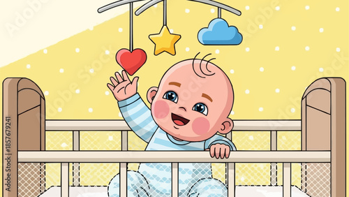 Happy Baby in Crib Reaching for Mobile Toys.
