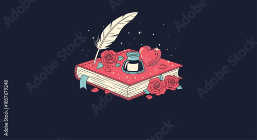 Romantic vintage book illustration featuring a red cover with an inkwell, white quill pen, red roses, and a heart for literature and love themes.