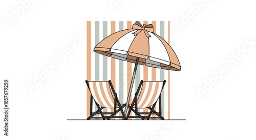 Minimalist beach scene with two striped deck chairs placed under a large matching sun umbrella against a simple striped background for vacation vibes.