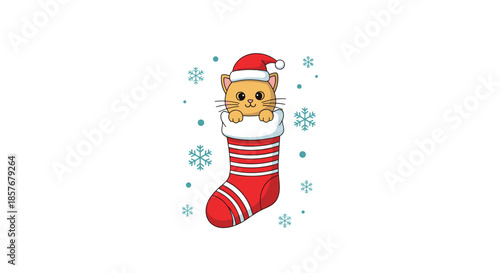 Festive orange kitten peeking out of a red and white striped Christmas stocking decorated with snowflakes and a Santa hat for holiday season.
