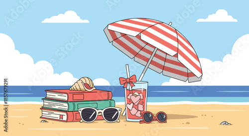 Summer vacation beach scene featuring a stack of books, sunglasses, and a refreshing pink drink under a red and white striped sun umbrella.