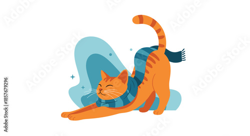 Cute orange tabby cat character stretching its body while wearing a long blue striped scarf against a soft blue abstract background shape.