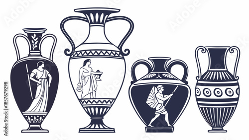 Set of Ancient Greek Vases Vector Illustration Classical Pottery Amphorae and Kraters for History and Culture Design