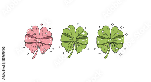 Collection of three four-leaf clover icons in pink and green colors decorated with matching bows and sparkles for St. Patrick's Day and luck themes.