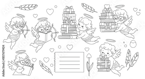 Large set of cherub Cupid characters reading books, flying with arrows, and resting near hearts for Valentine's Day and romantic literature concepts.