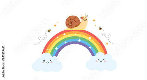 Whimsical garden scene featuring a cute snail with a flower crown sliding across a bright rainbow between two smiling clouds for nature themes.
