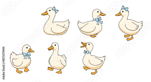 Collection of six cute white duck characters in various poses wearing blue bows and ribbons for nursery and spring farmhouse illustration themes.