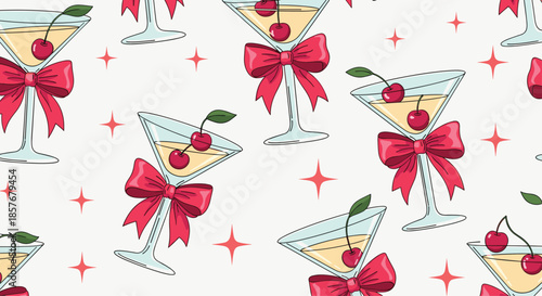 Elegant seamless pattern design featuring martini glasses with a yellow drink, red cherries, large pink bows, and scattered stars on a light background.