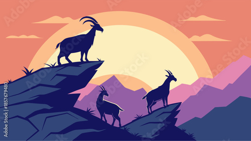 Wild Mountain Goats Silhouette on Rocky Peak at Sunset Vector Illustration Adventure Leadership and Success Motivation Background