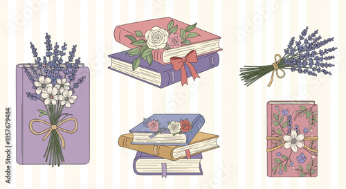 Elegant vintage book collection featuring floral designs and bundles of purple lavender and white flowers tied with bows for a romantic aesthetic.