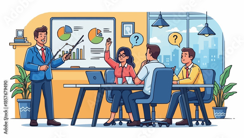 Business Meeting Presentation with Charts and Questioning Attendees.