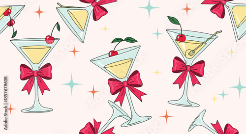 Elegant seamless pattern design featuring martini glasses with a yellow drink, red cherries, and large pink bows on a soft peach background.