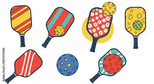 Assorted pickleball paddles with various patterns and colors shown alongside matching balls for sports and recreation.