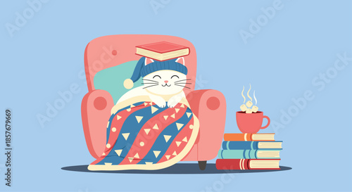 Cozy illustration of a cute white cat wearing a hat and blanket while sitting in a pink armchair with books in a room.