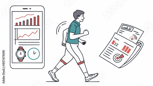 Fitness Tracking App Data Analysis Man Walking Monitoring Exercise Progress Reports and Personal Health Goals Digital Wellness Technology Performance Management Illustration