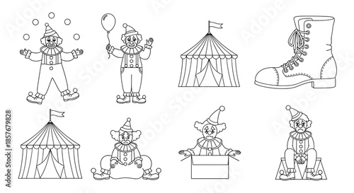 Line art illustration of a circus-themed coloring page featuring clowns, a big top tent, and a giant shoe house.