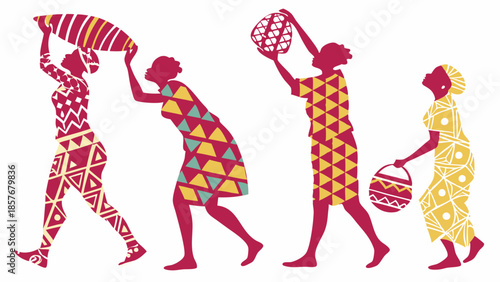 Vibrant African Women Carrying Harvest Goods Ethnic Patterns Graphic Design Traditional Culture Sisterhood and Diversity Campaign Art