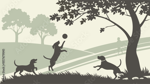 Happy Dogs Playing Fetching Ball in Park Silhouette Graphic Illustration Active Pets Running Outdoors for Veterinary and Pet Care Design