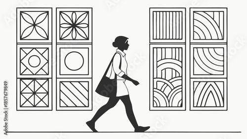 Woman Silhouette Viewing Abstract Geometric Patterns Display Minimalist Line Art Illustration for Design Inspiration