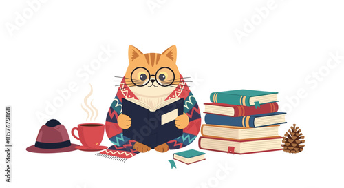 Intellectual ginger cat wearing glasses and a patterned blanket while reading a book next to a stack of books.