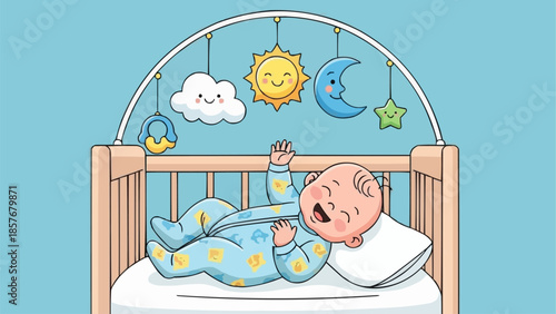 Baby Sleeping Peacefully in Crib with Mobile Toys.
