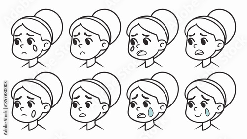 Cartoon Woman Crying and Sad Expressions Vector Set Line Art Avatar for UI UX Design Emotional Reaction Graphics