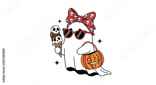 Cute Halloween ghost wearing a skull bow and sunglasses while holding an ice cream cone and an orange pumpkin bucket.