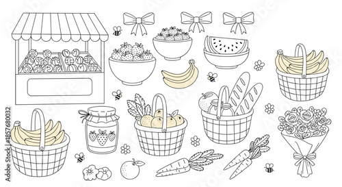 Elaborate coloring page for children featuring picnic baskets filled with fruit, bread, flowers, and a fruit stand.