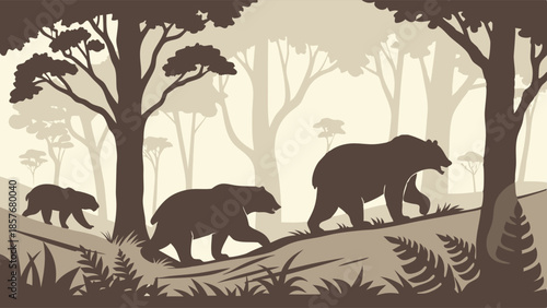 Mother Bear and Cubs Walking Through Forest Silhouette Wildlife Journey Sepia Vintage Nature Conservation Background
