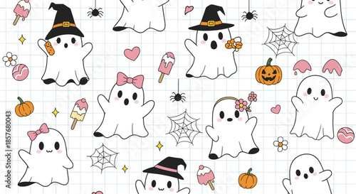 Playful seamless pattern with friendly ghosts, pumpkins, spiders, and witch hats on a white and gray grid background.