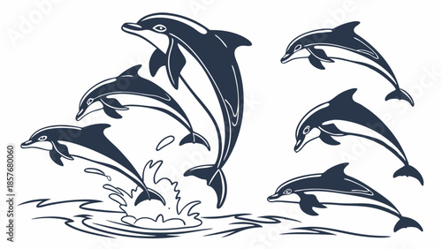 Dynamic Jumping Dolphins Vector Silhouette Set Graphic Illustration Collection Marine Wildlife Logo and Decal Design