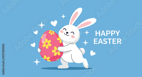 Cheerful Easter illustration of a white bunny hugging a large pink egg decorated with bright yellow flowers on blue.