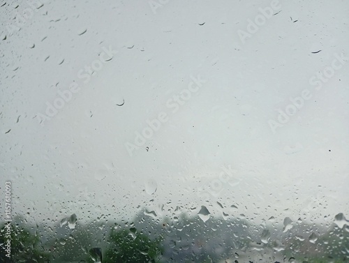 Raindrops on Window Glass with Cloudy Sky Background