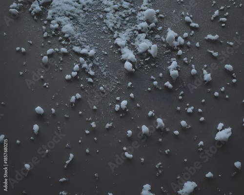 Abstract texture of scattered white snow particles on dark gray background creating a frosty surface