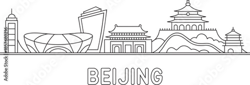 Beijing china skyline line art illustration featuring bird nest and temple of heaven symbols