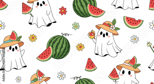 Whimsical seamless pattern of friendly ghosts wearing sun hats and enjoying fresh watermelon slices and flowers.