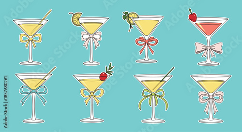 Assorted martini cocktail glasses decorated with colorful ribbons, garnishes, and straws set against a vibrant turquoise background.