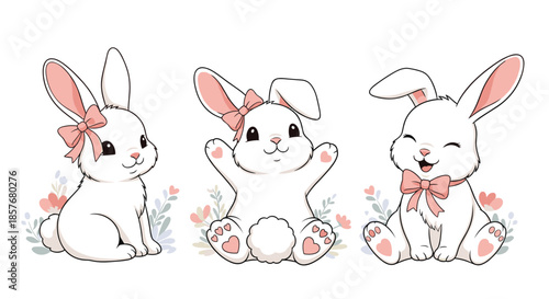 Three adorable white bunnies with pink bows and rosy cheeks sitting amidst soft pastel flowers and greenery on a plain background.