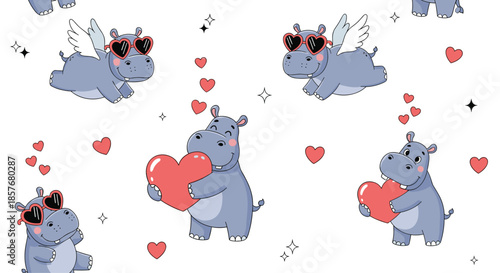 Whimsical seamless pattern featuring cute blue hippos with heart sunglasses and angel wings flying among floating red heart shapes.