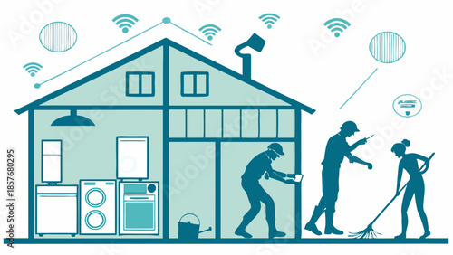 Technicians Installing Smart Home Appliances and Workers Performing Residential Maintenance Services Digital IoT Connectivity