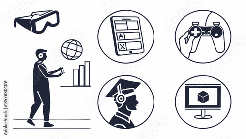 Immersive Virtual Reality Metaverse Icons Set Gaming Education Technology Digital Business