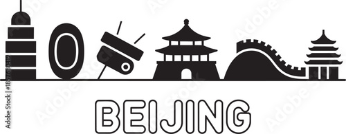Beijing skyline black silhouette icons including temple of heaven and great wall of china map