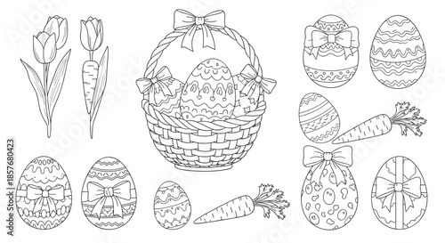 Easter themed coloring page collection featuring ornate eggs, a wicker basket, blooming tulips, and fresh carrots in black line art.