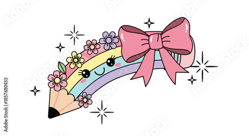 Kawaii style rainbow pencil character with a smiling face, pink bow, and colorful floral decorations accompanied by twinkling stars.