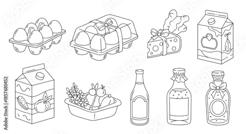 Set of grocery store items including eggs, cheese, milk, and bottled beverages rendered in clean black and white line art style.