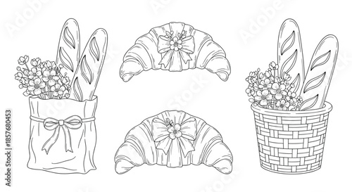 Detailed line art drawings of fresh bakery products like baguettes and croissants tied with decorative ribbons and paired with flowers.