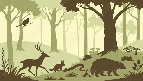Tranquil Forest Wildlife Silhouette Layered Illustration Nature Habitat Scene for Ecology Education and Web Design Background