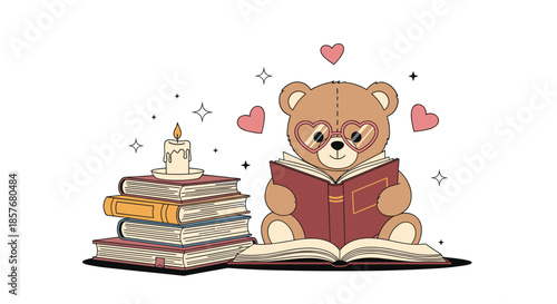 Intelligent teddy bear character wearing heart shaped glasses and reading an open book next to a tall stack of colorful volumes.